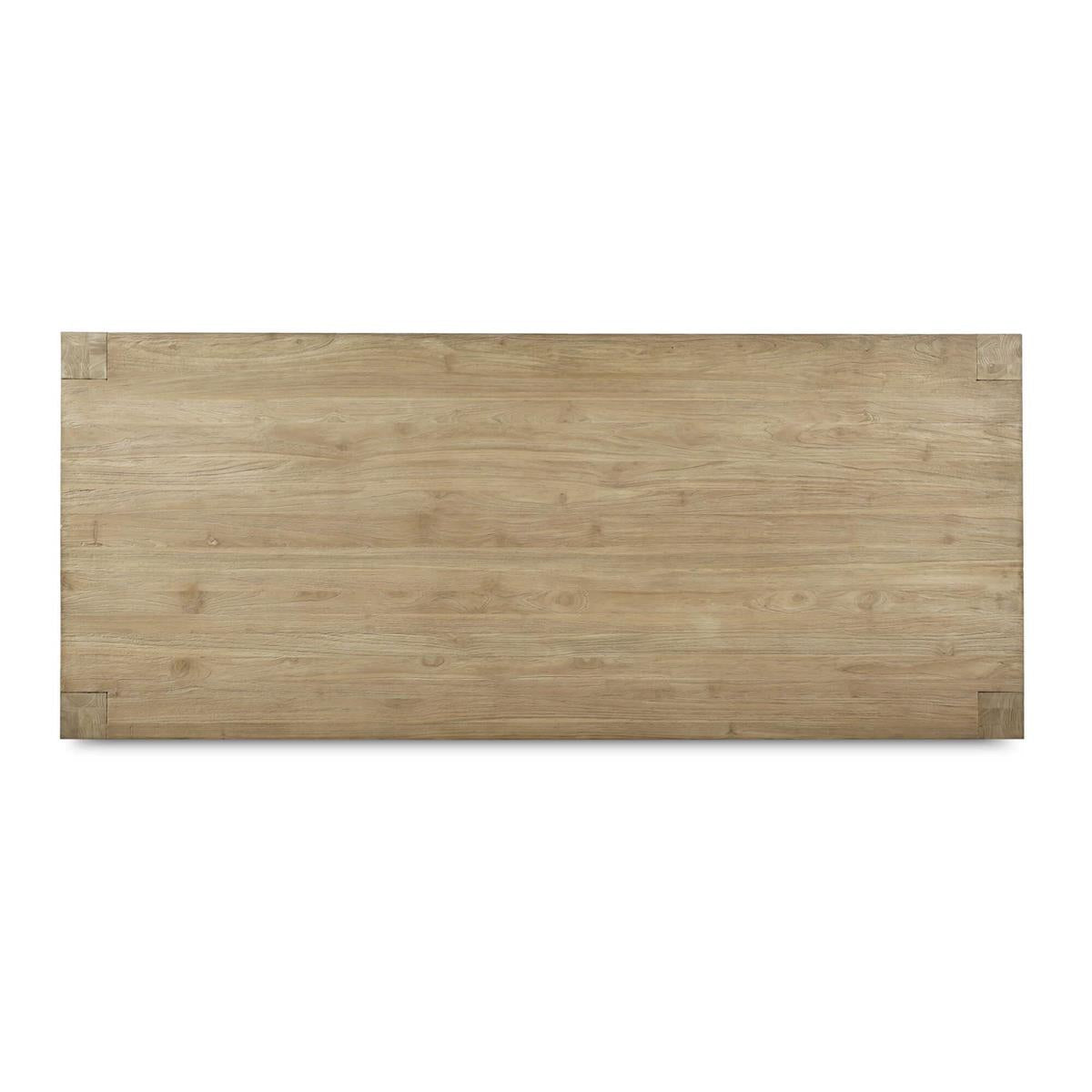 Top view of rustic teak table surface, detailed texture
