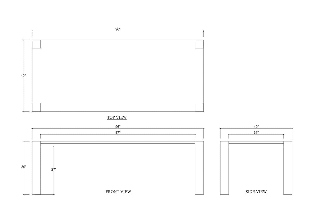 Dimensions diagram of rustic Scandinavian teak table