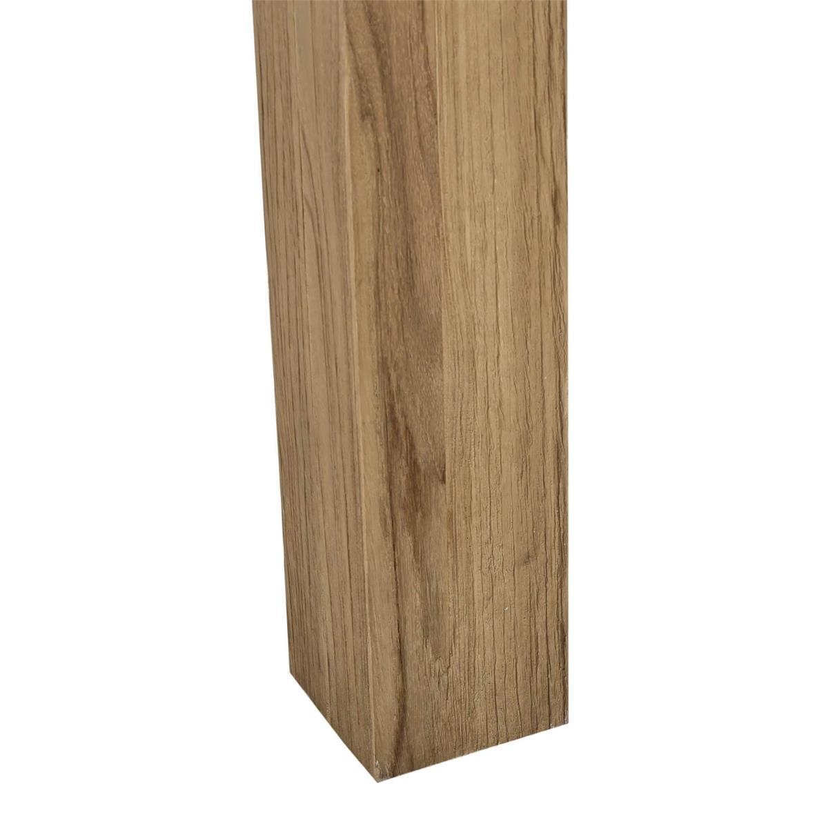 Close-up of sturdy teak table leg, natural finish