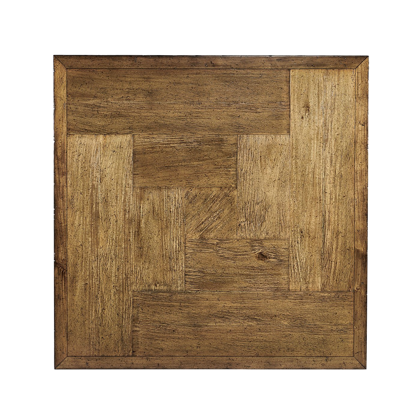 Top view, rustic square coffee table, wood pattern detail.
