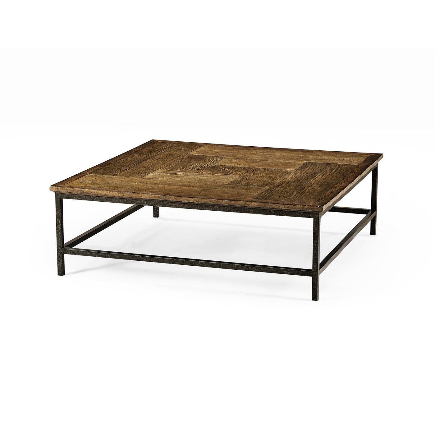 Rustic square coffee table, wooden top, metal frame, angled view.