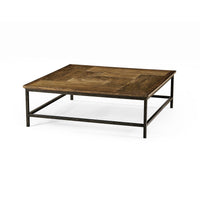 Rustic square coffee table, wooden top, metal frame, angled view.