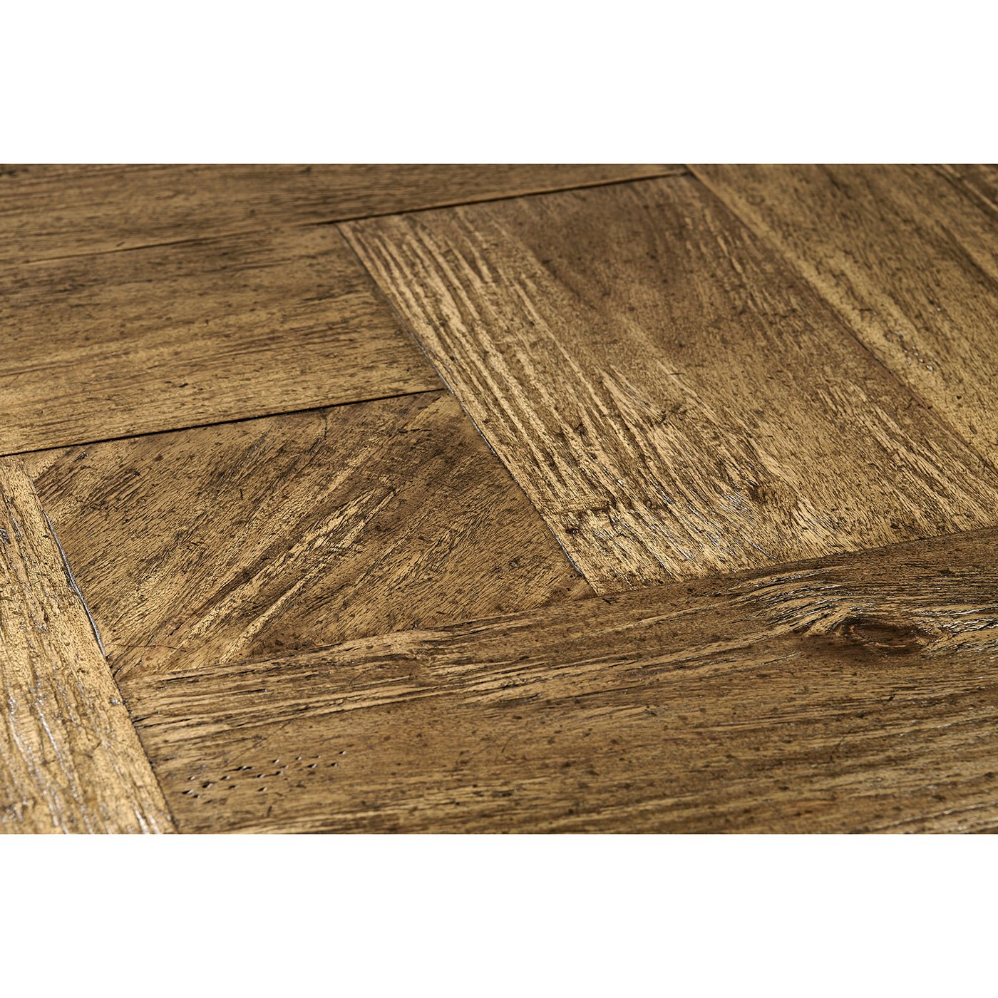 Detailed view of rustic coffee table wooden top, grain visible.