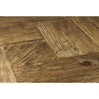 Detailed view of rustic coffee table wooden top, grain visible.