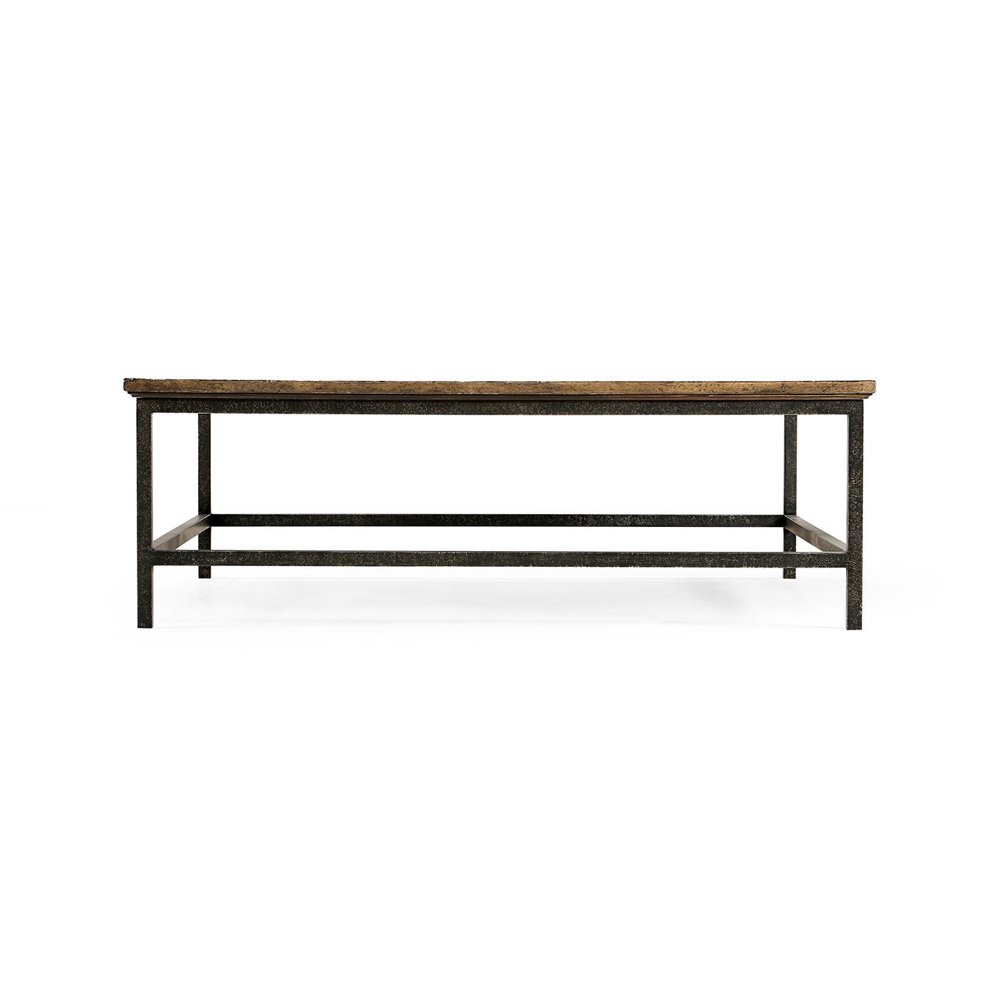 Side profile of rustic square coffee table, metal legs.