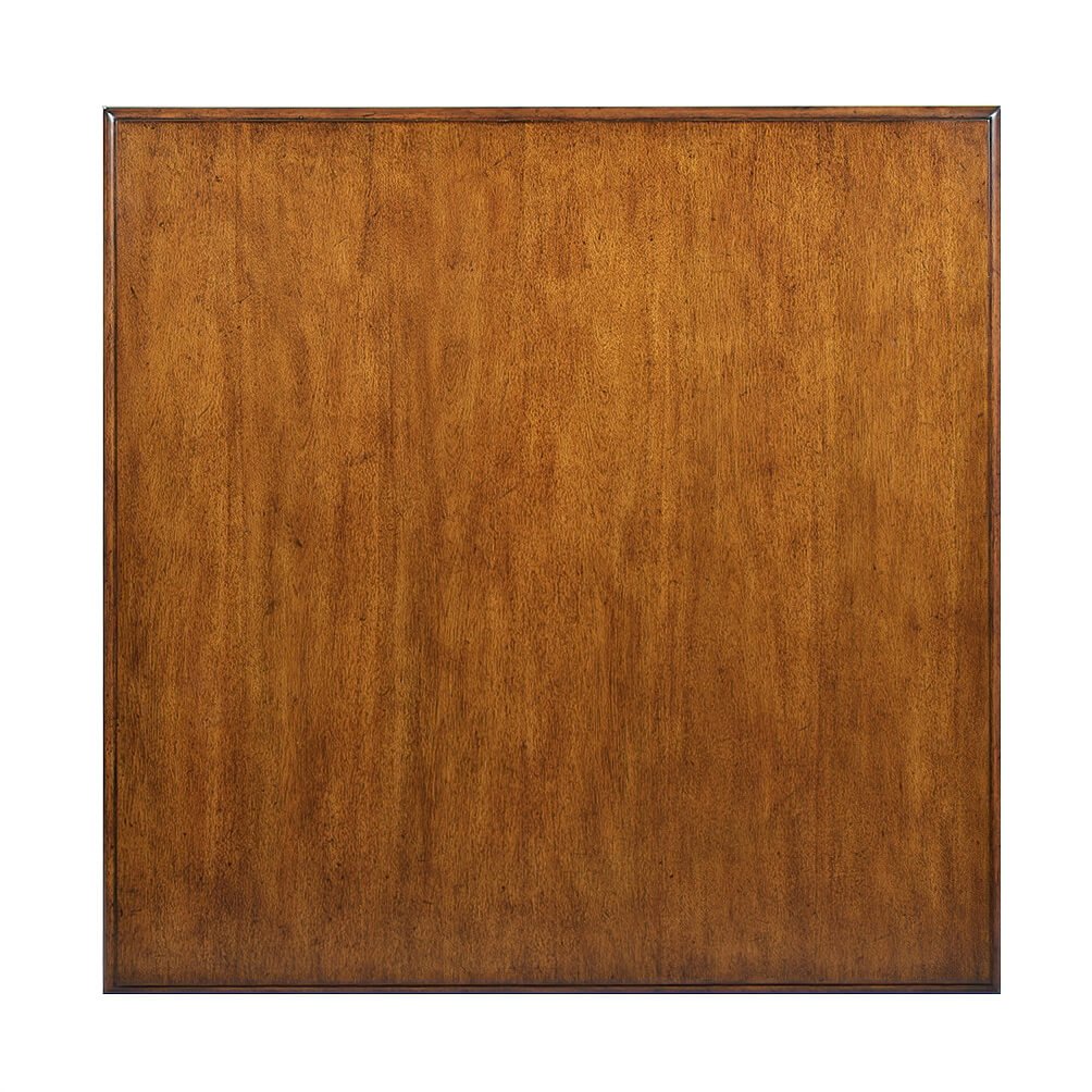 Top view of rustic square coffee table's walnut finish.
