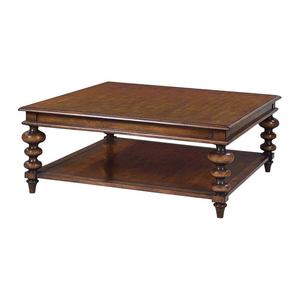 Rustic square coffee table, walnut finish, on white background.