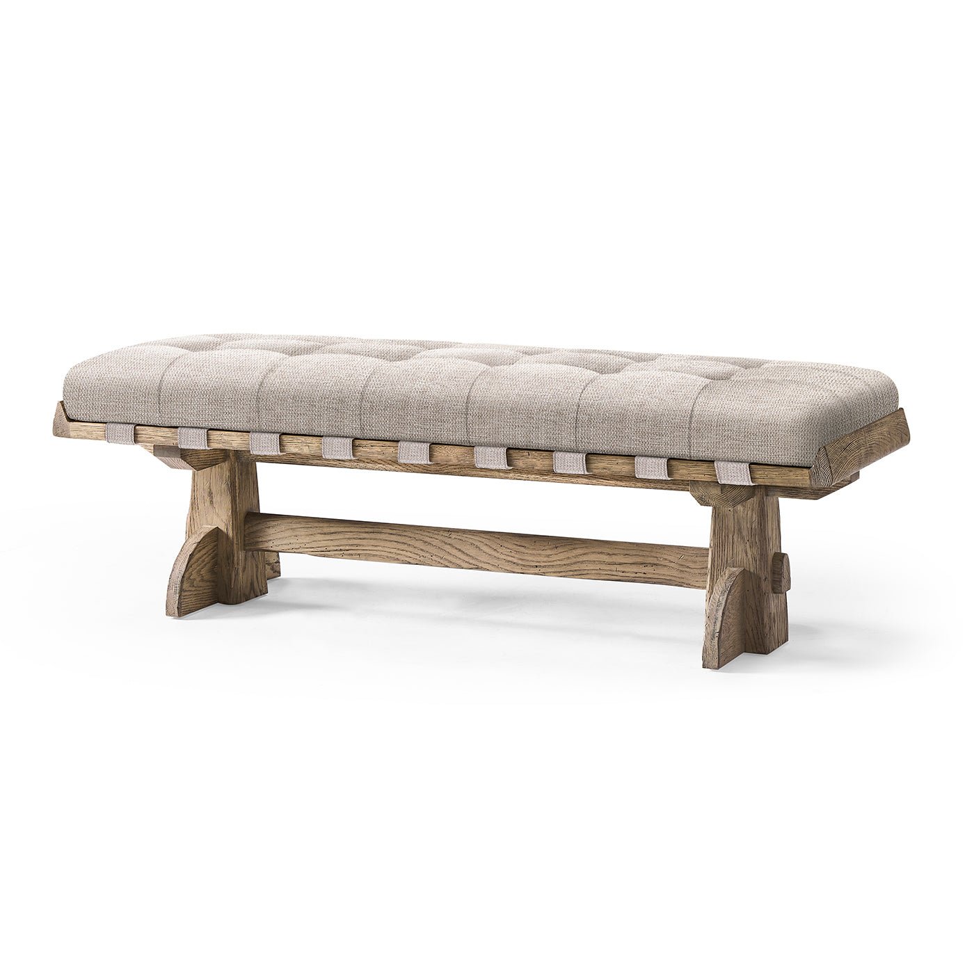 Rustic trestle style upholstered bench on white background.