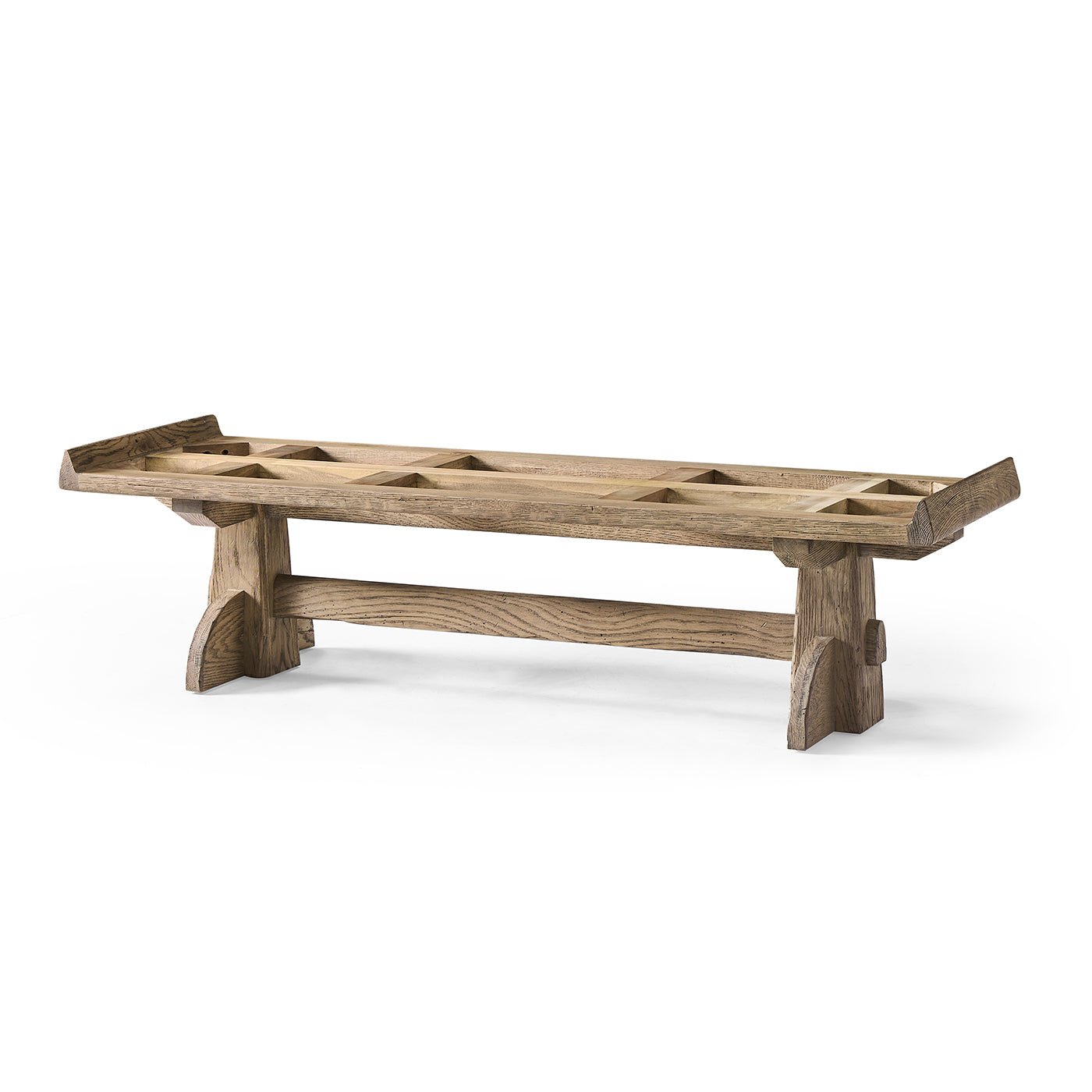 Wooden trestle bench frame on white background.