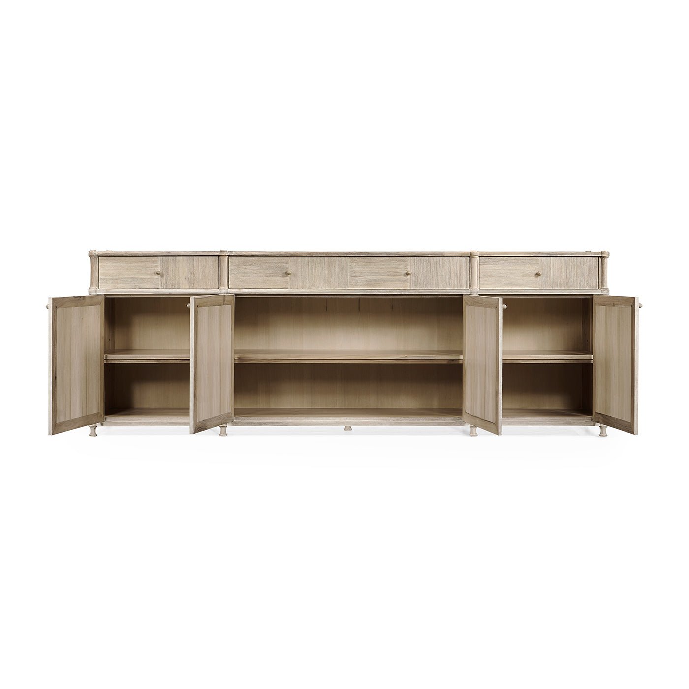 Rustic washed buffet sideboard open cabinet view.