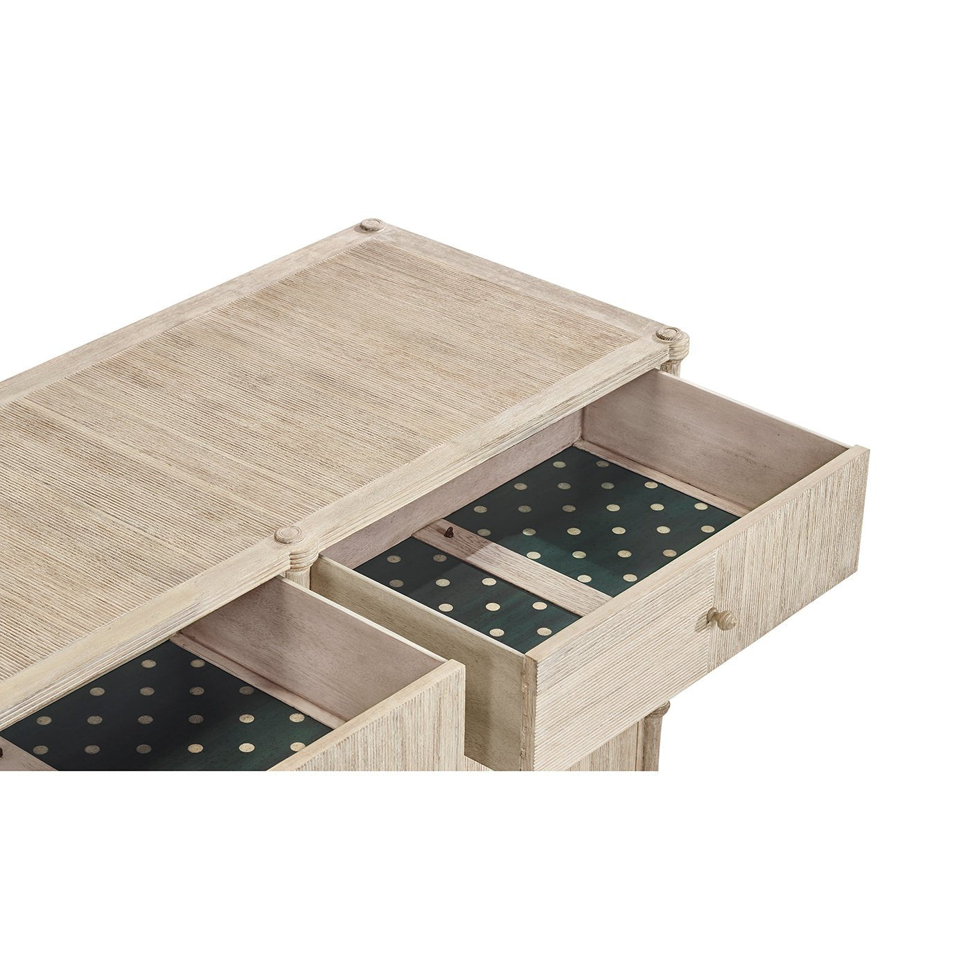 Rustic buffet sideboard open drawer with lining.
