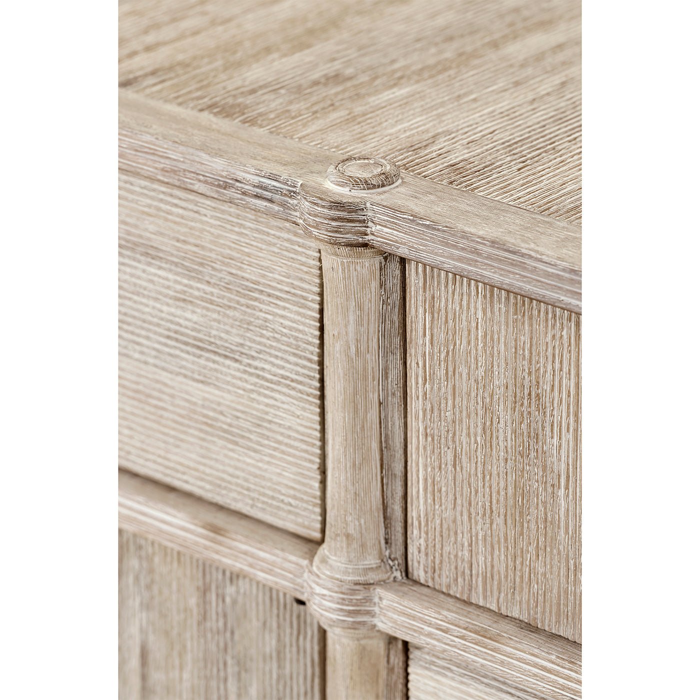 Corner joint detail on rustic washed buffet sideboard.