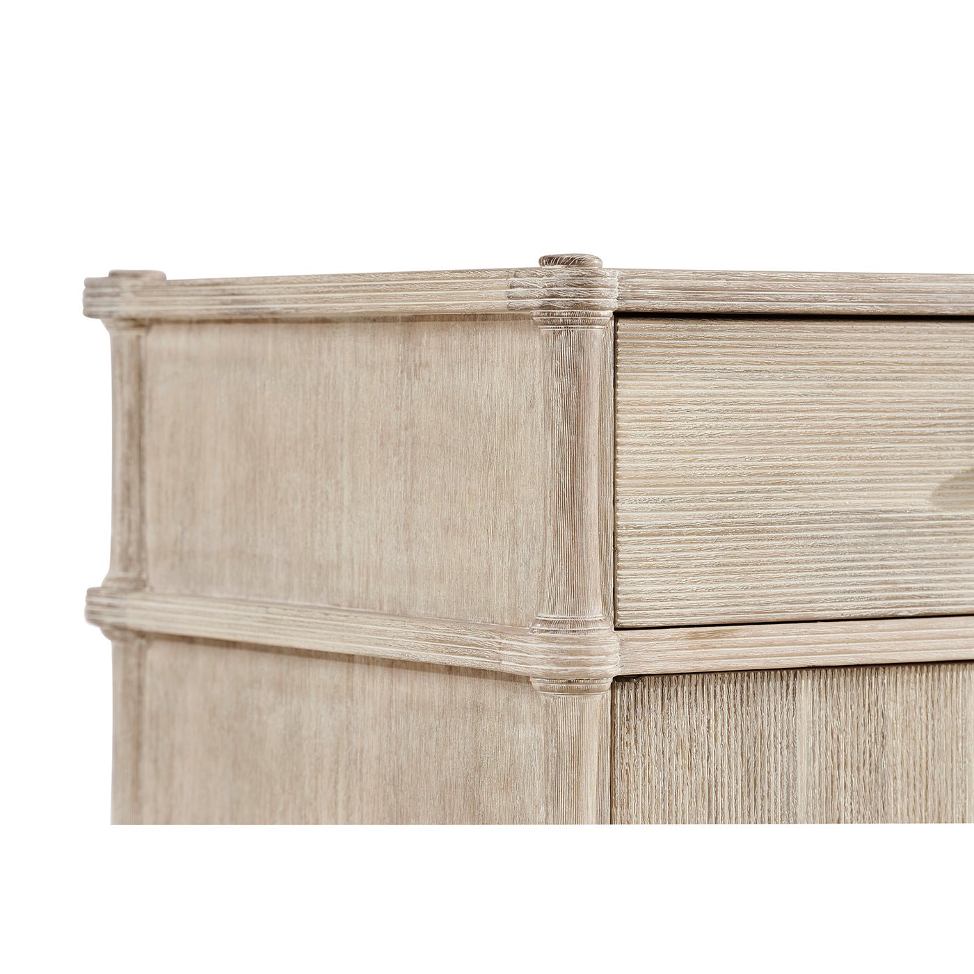Corner detail of rustic washed sideboard construction.