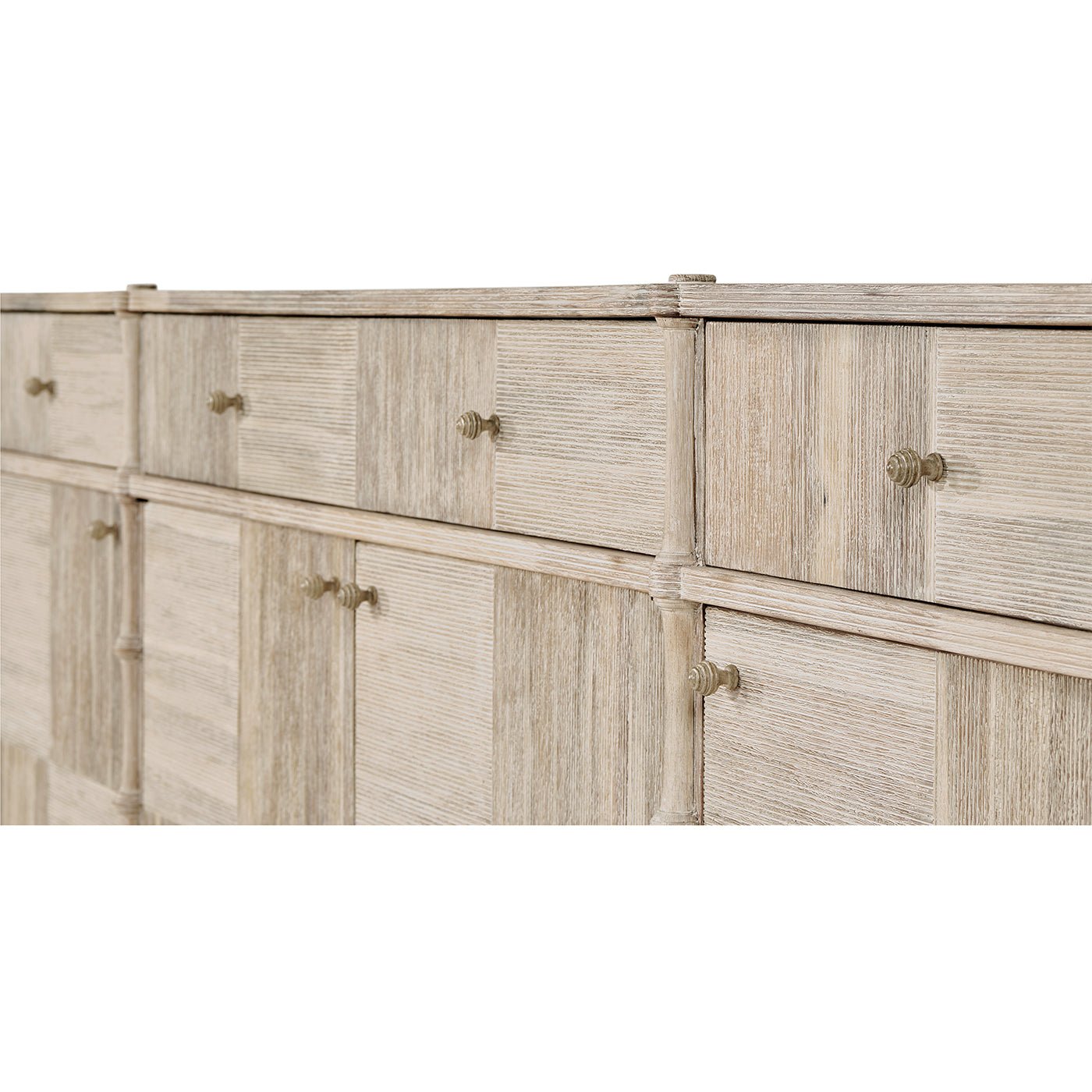 Close-up of rustic washed buffet sideboard handles.