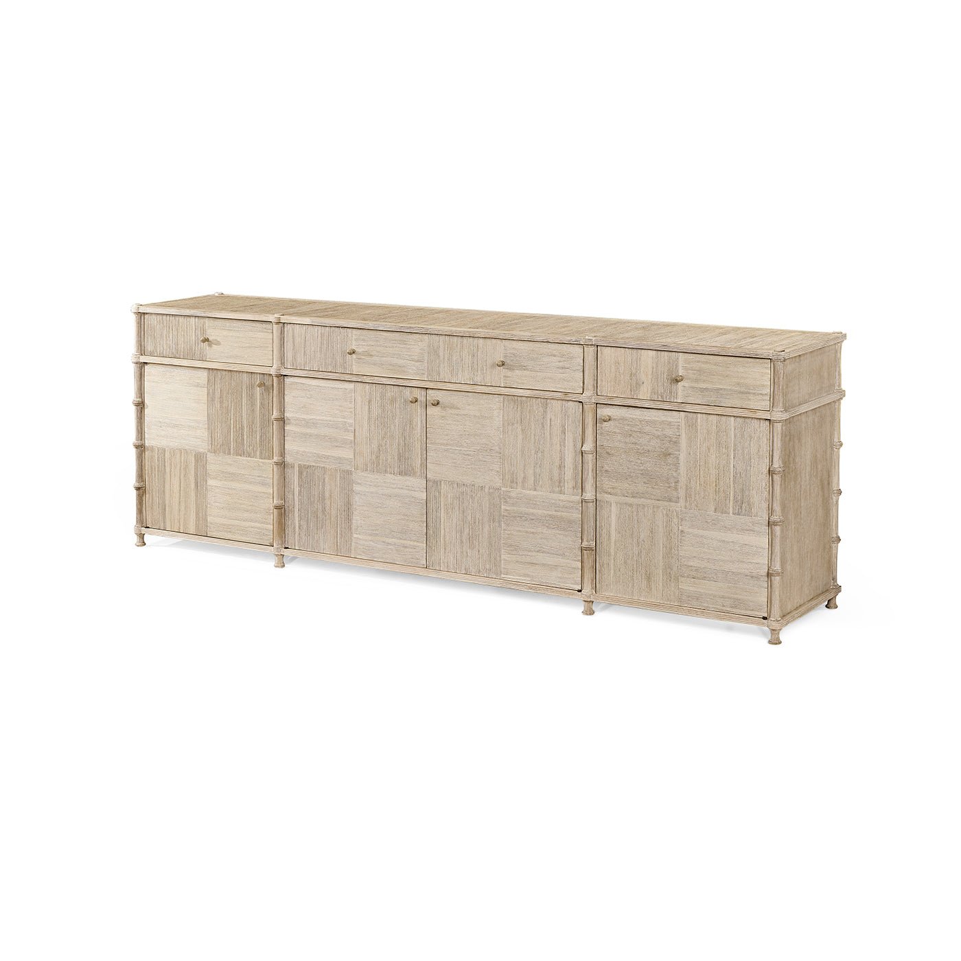 Rustic washed buffet sideboard angled front view.
