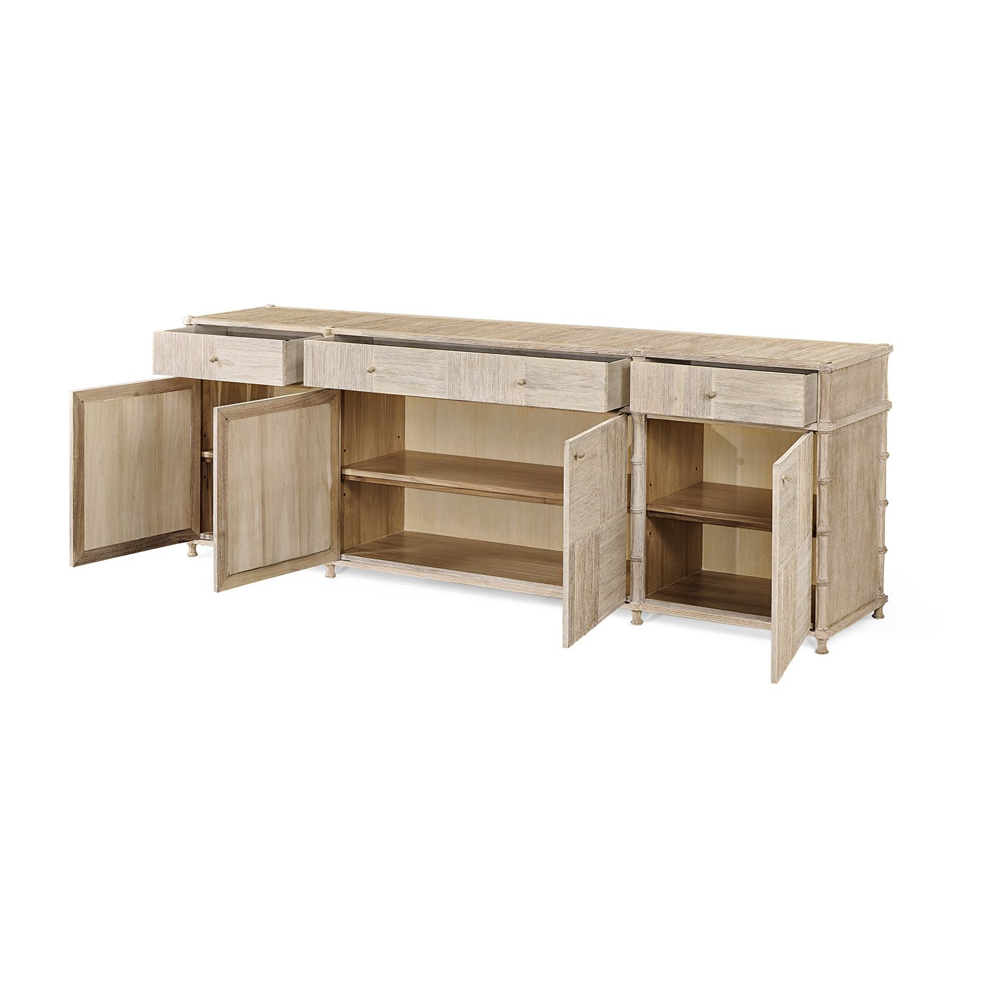 Opened rustic washed buffet sideboard with shelves.