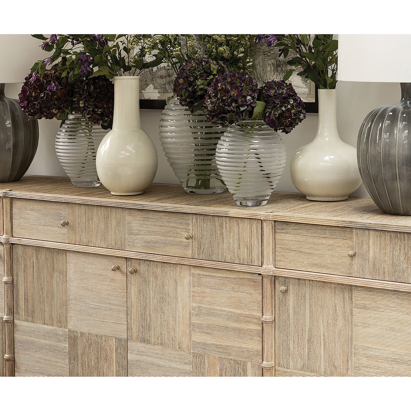 Decor items on rustic washed buffet sideboard.