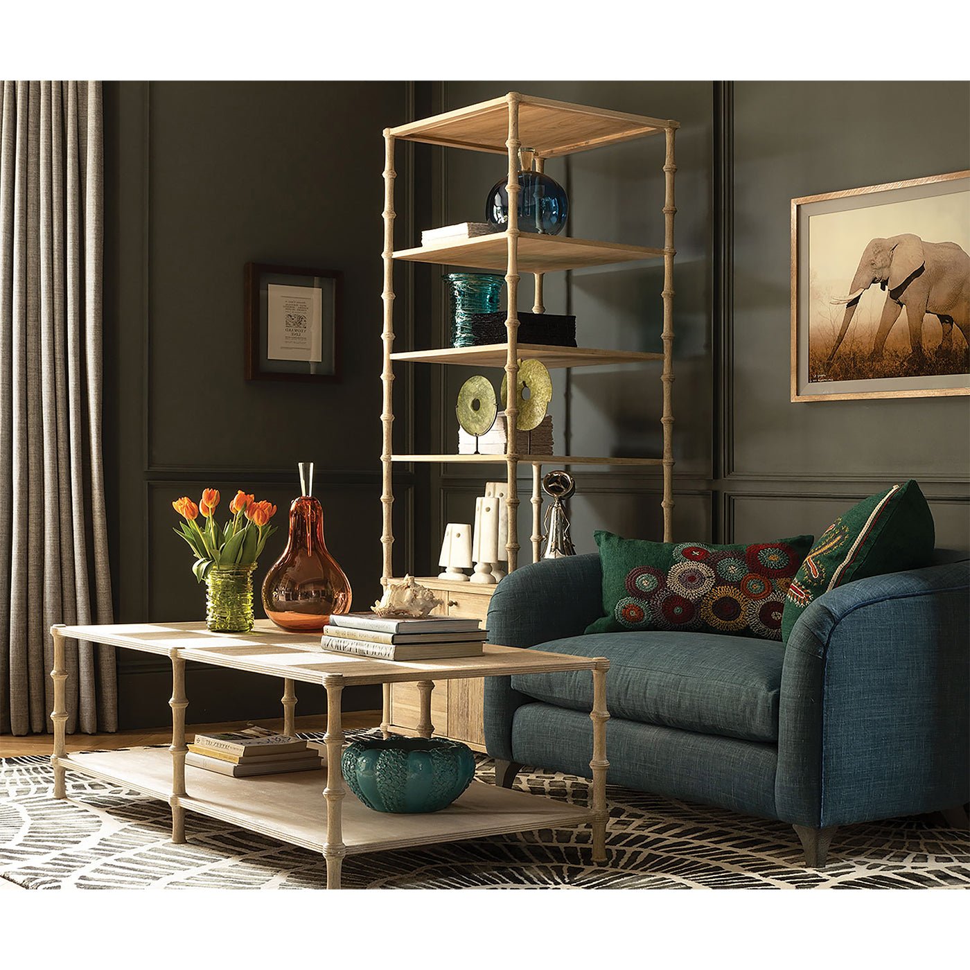 Rustic washed coffee table in stylish living room setting.