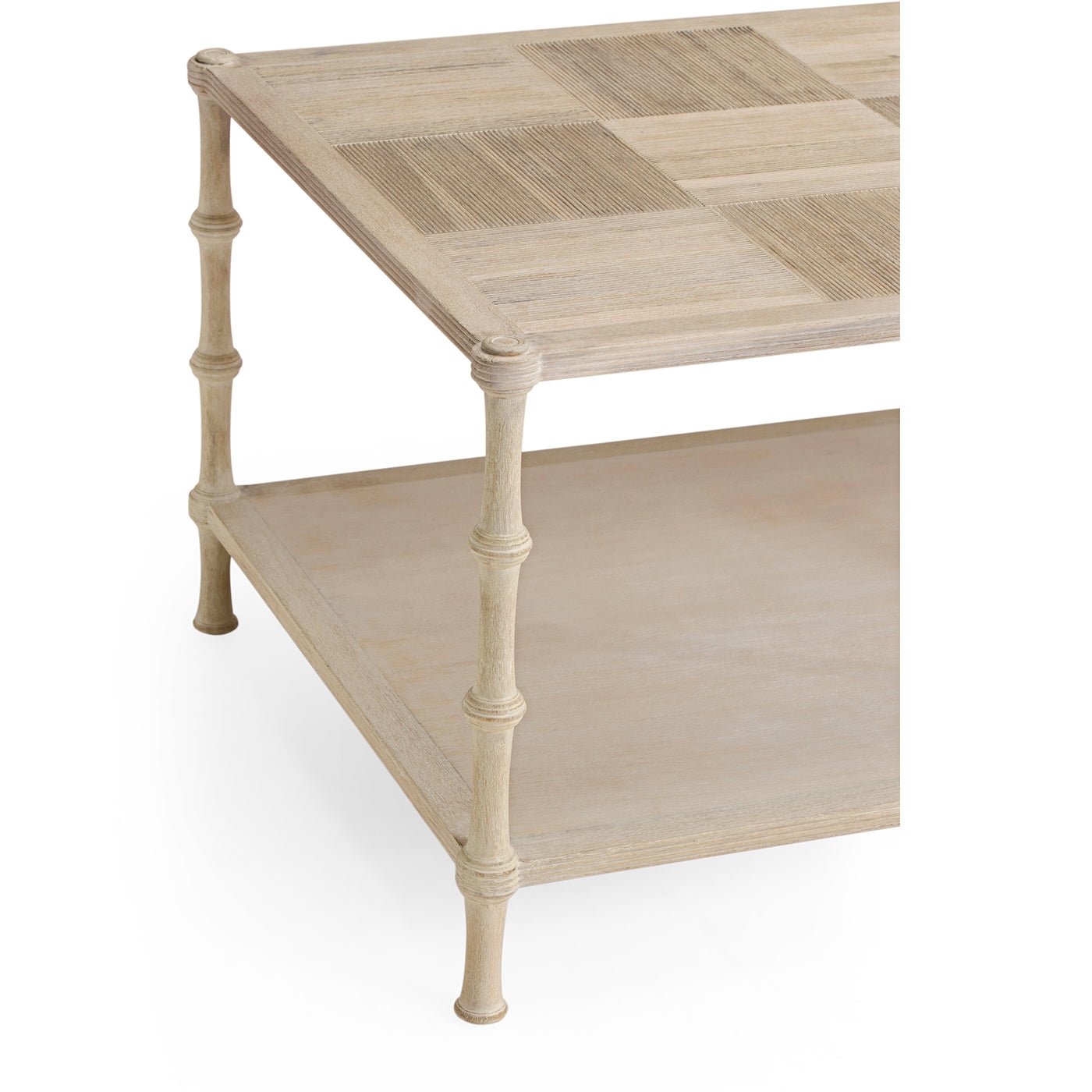 Close-up of coffee table leg and lower shelf detail.