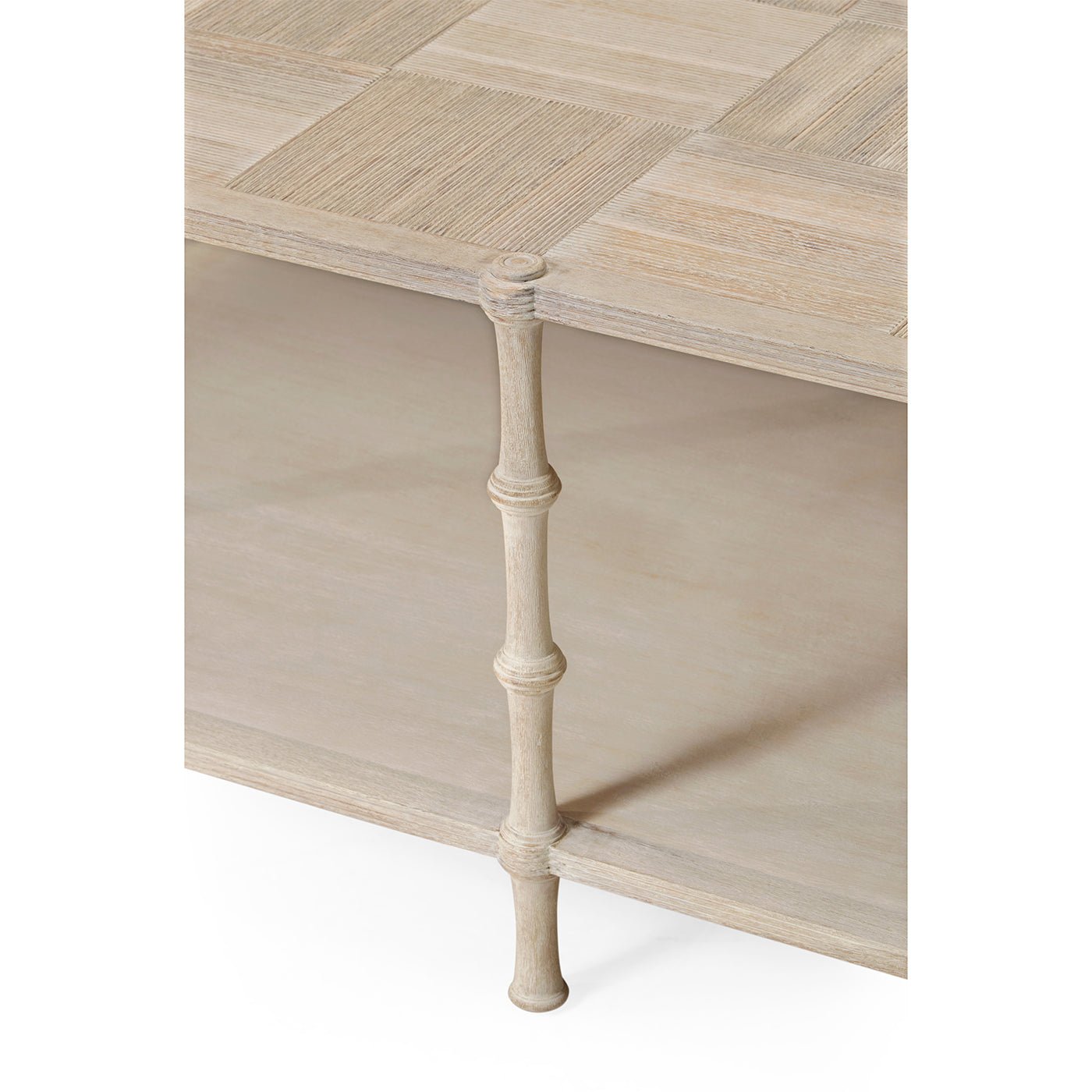 Rustic washed coffee table close-up, middle leg structure.