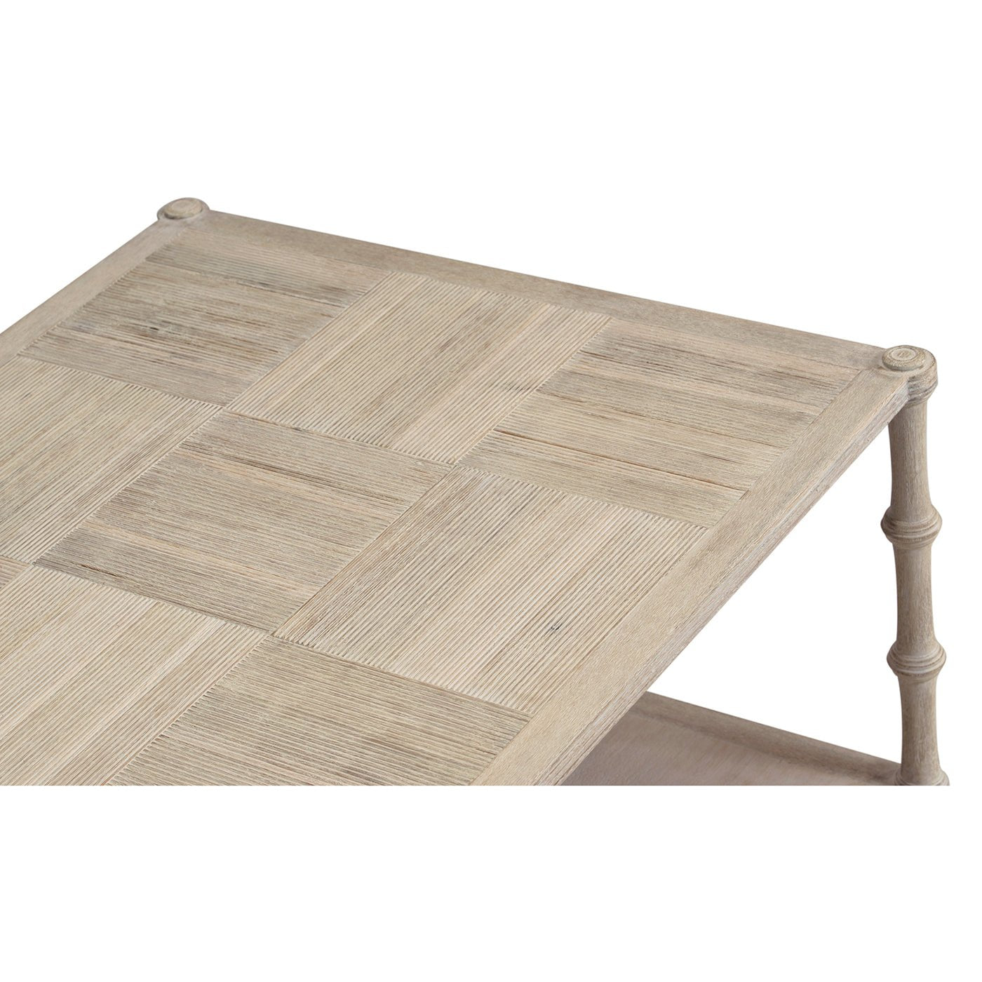 Detailed top surface of rustic washed coffee table.