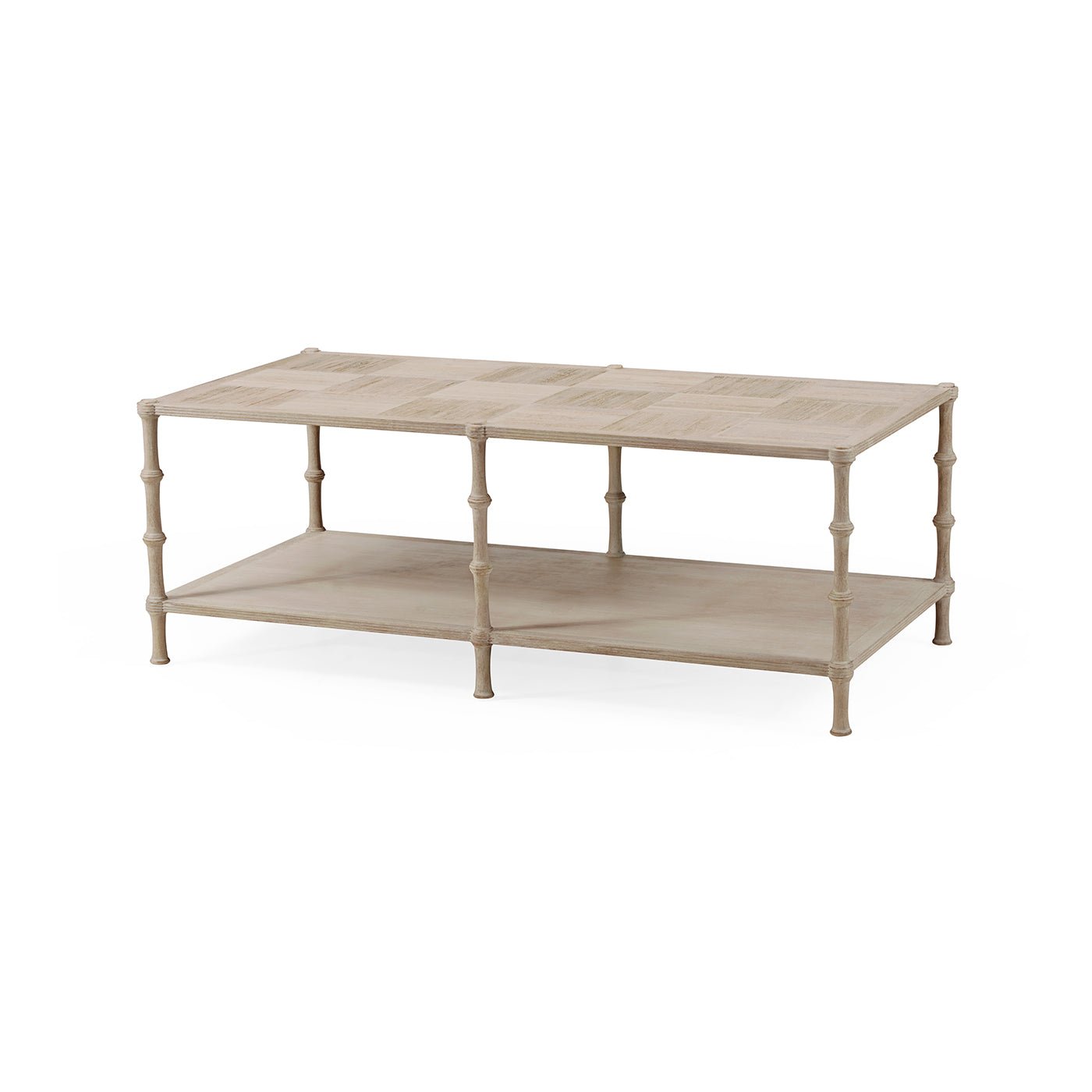 Rustic washed coffee table, angled view, two-tier design.