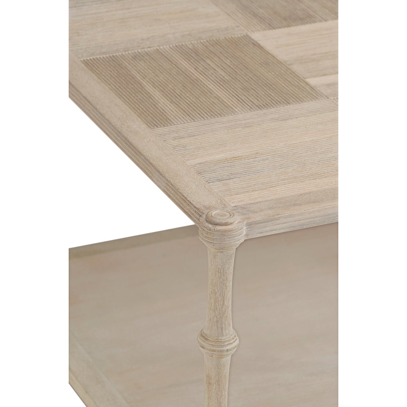 Corner detail of rustic washed coffee table, top and side.