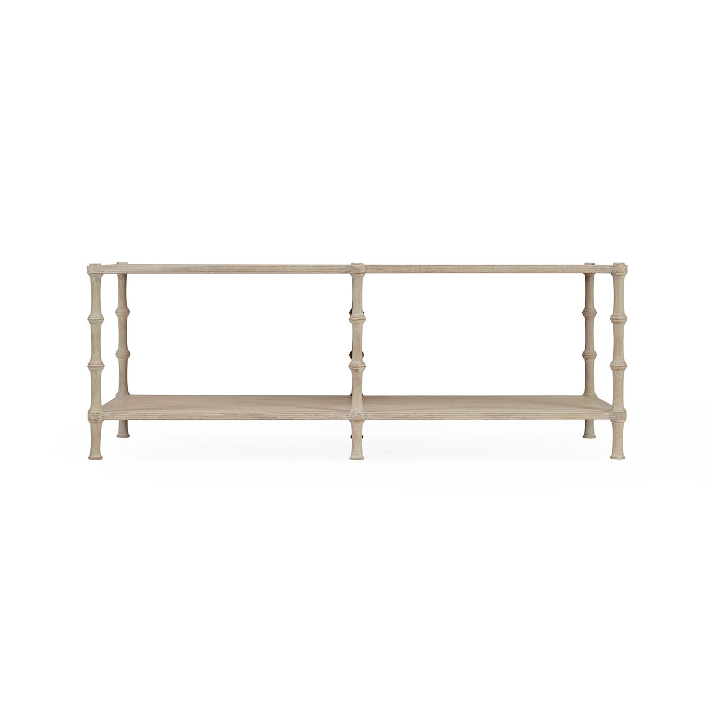 Side view of rustic washed coffee table, multi-level structure.