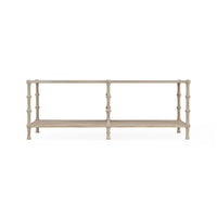Side view of rustic washed coffee table, multi-level structure.