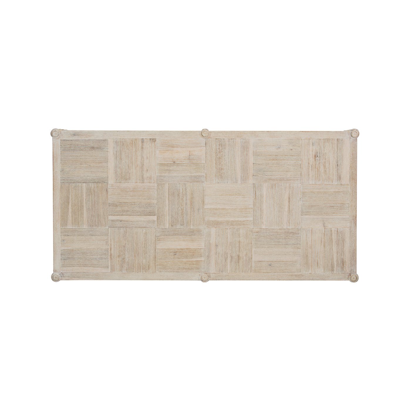 Top view of rustic washed coffee table, parquet design.