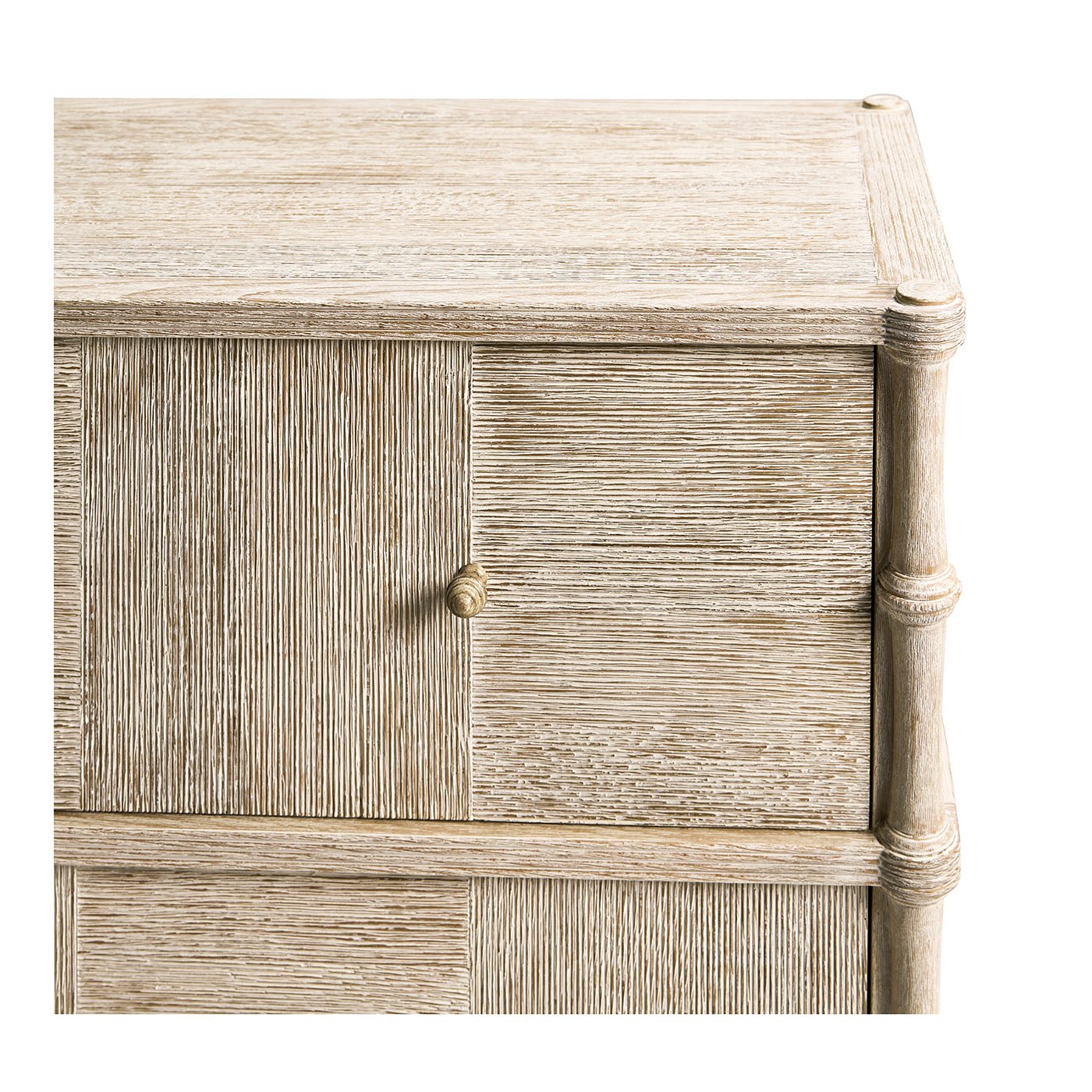Rustic washed dresser, close-up corner, tapered wood details.