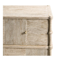Rustic washed dresser, close-up corner, tapered wood details.