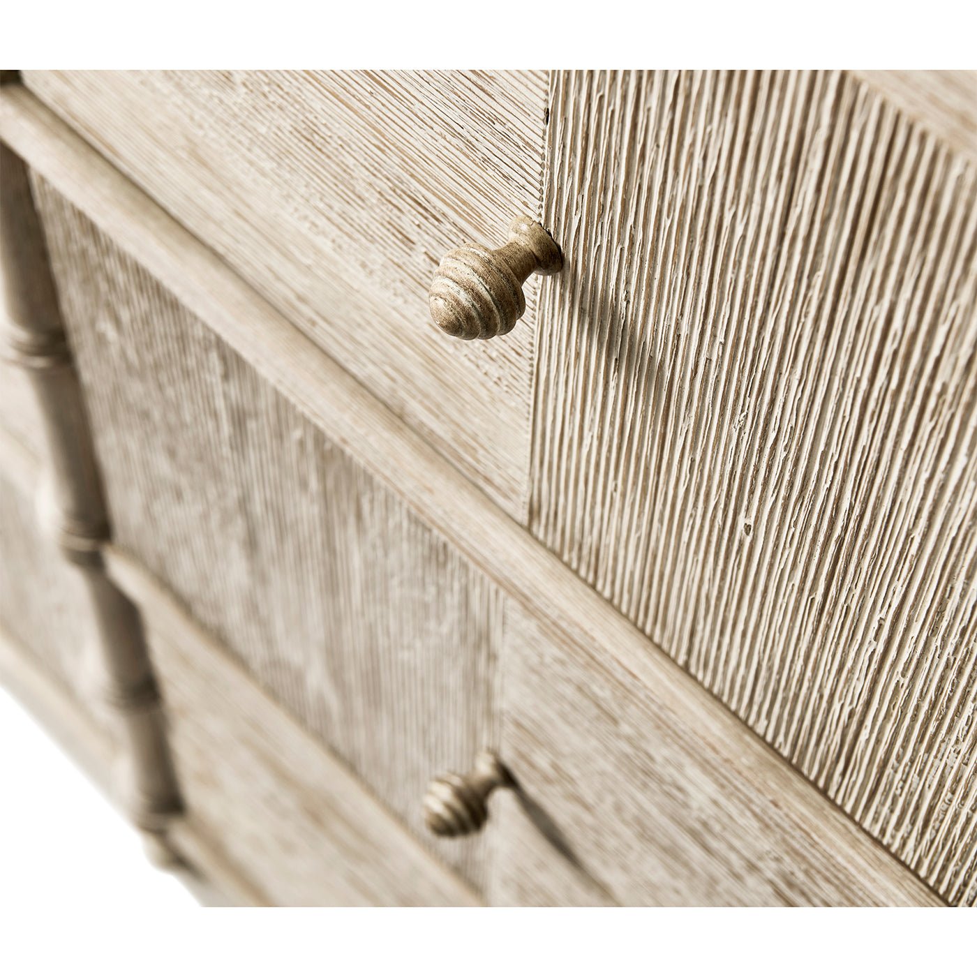 Rustic washed dresser, angled view, detailed drawer knobs.