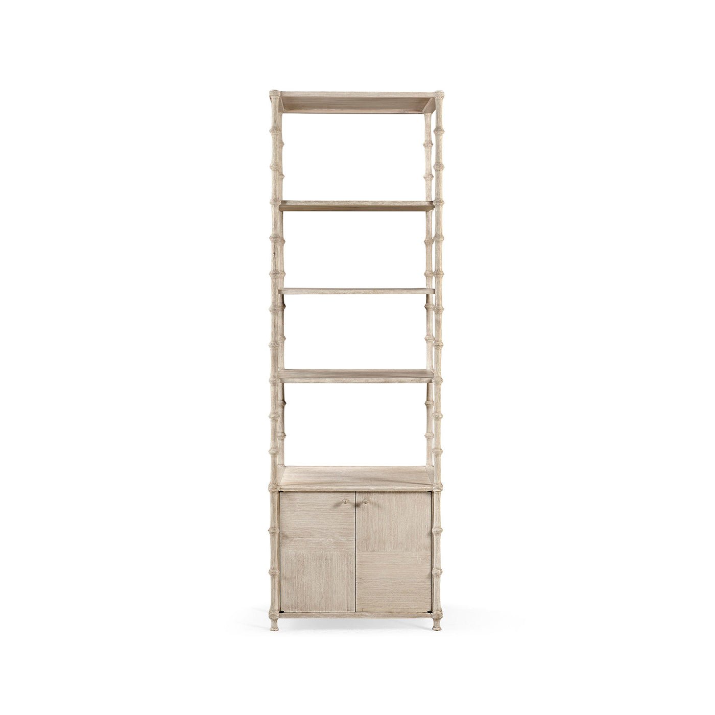 Rustic washed etagere shelves with cabinet closed.