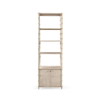 Rustic washed etagere shelves with cabinet closed.