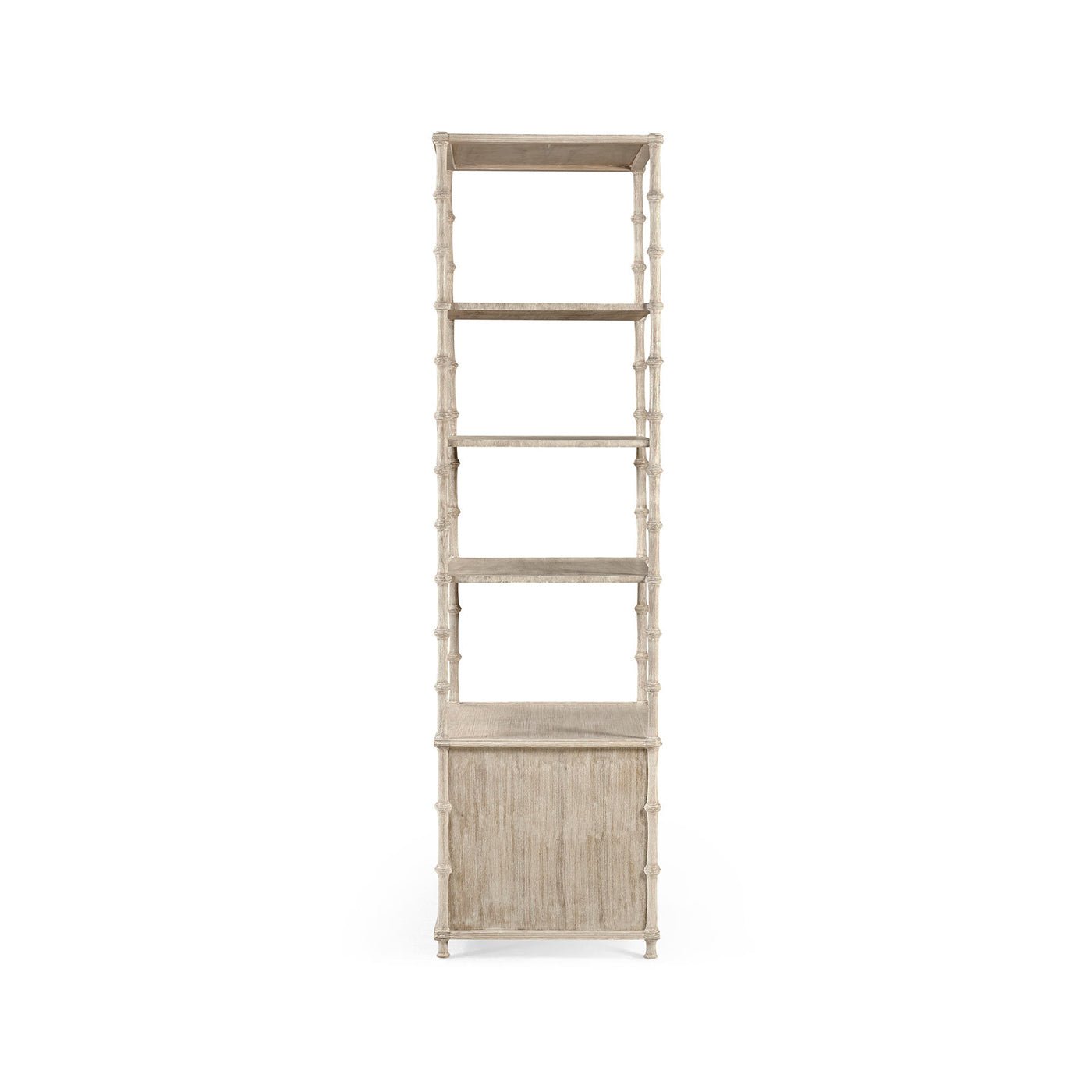 Rear view of rustic washed etagere shelf unit.