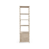 Rear view of rustic washed etagere shelf unit.
