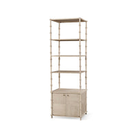 Tall rustic washed etagere shelving unit front view.