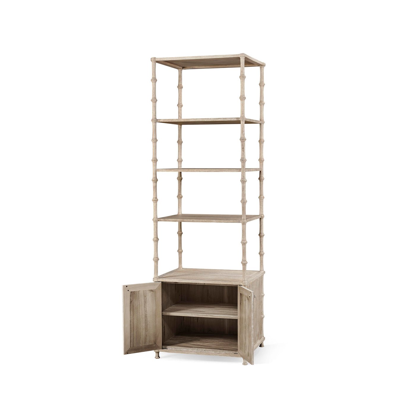 Rustic washed etagere shelves with open cabinet.
