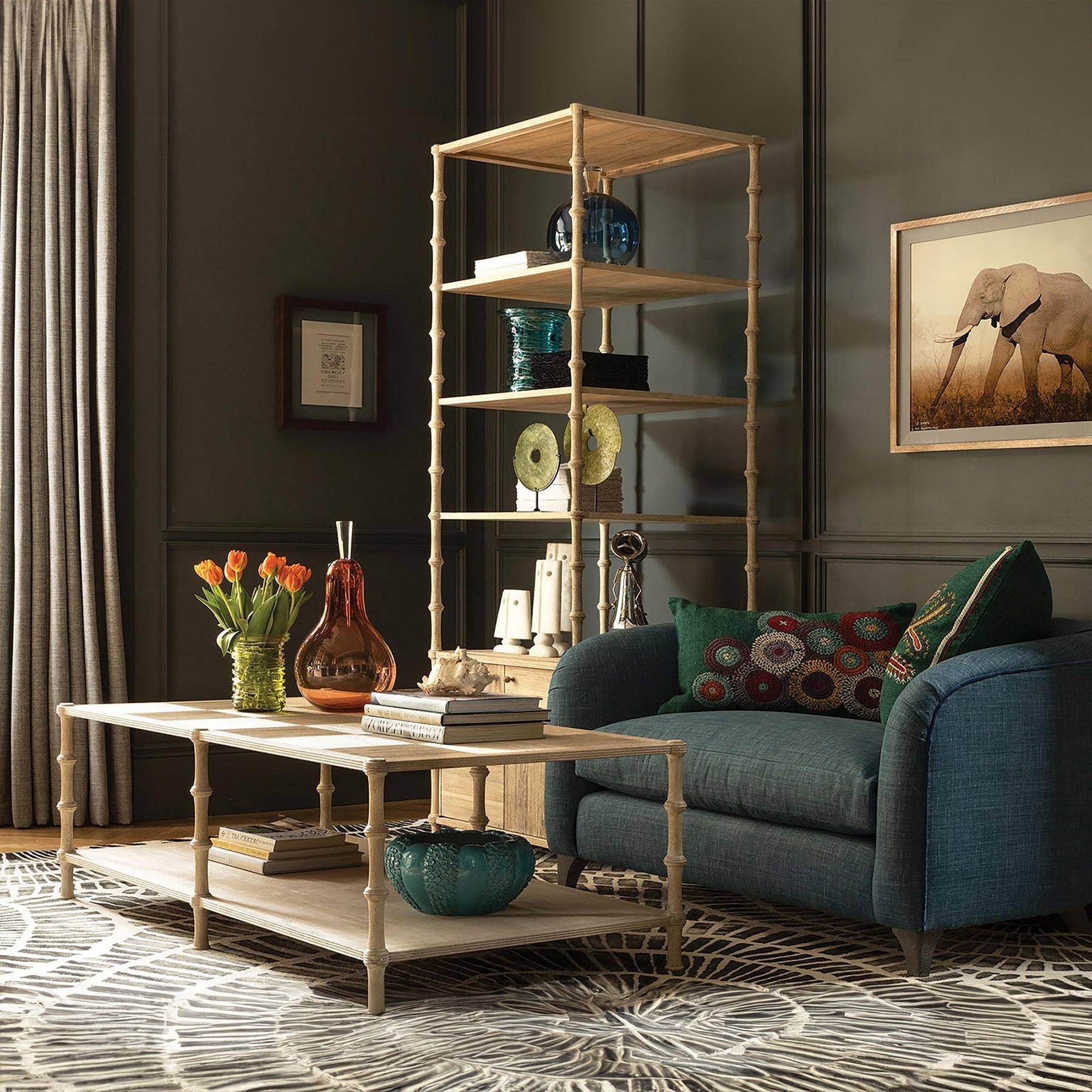 Rustic etagere in living room with decor accents.
