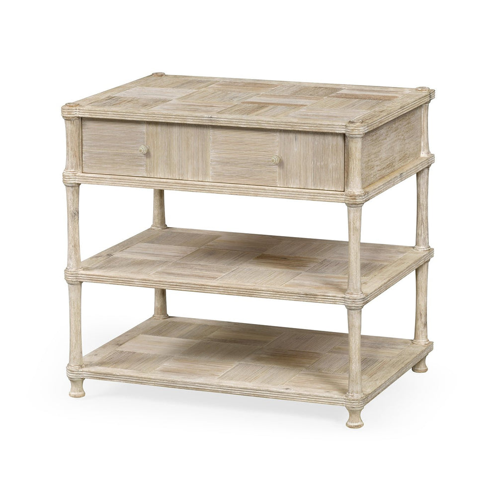 Rustic washed nightstand with closed drawer and shelves.