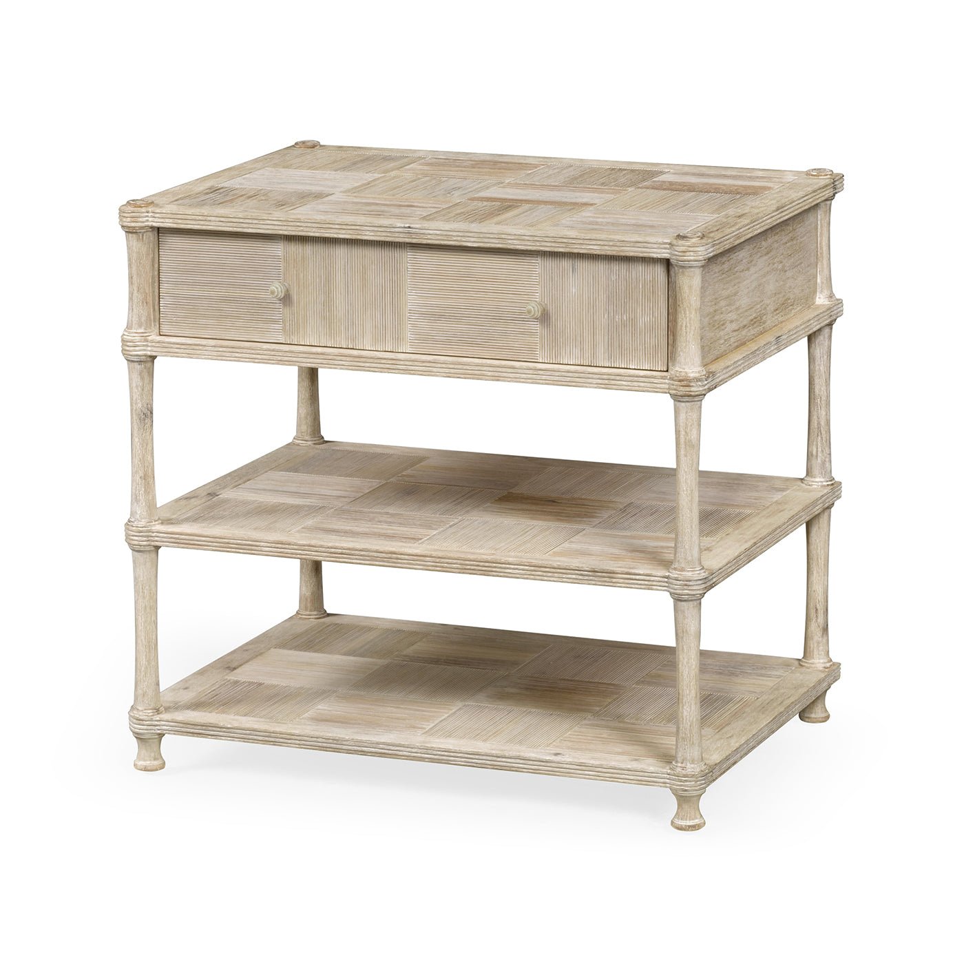 Rustic washed nightstand with closed drawer and shelves.