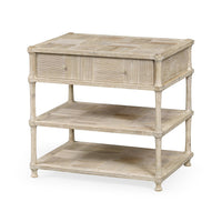 Rustic washed nightstand with closed drawer and shelves.