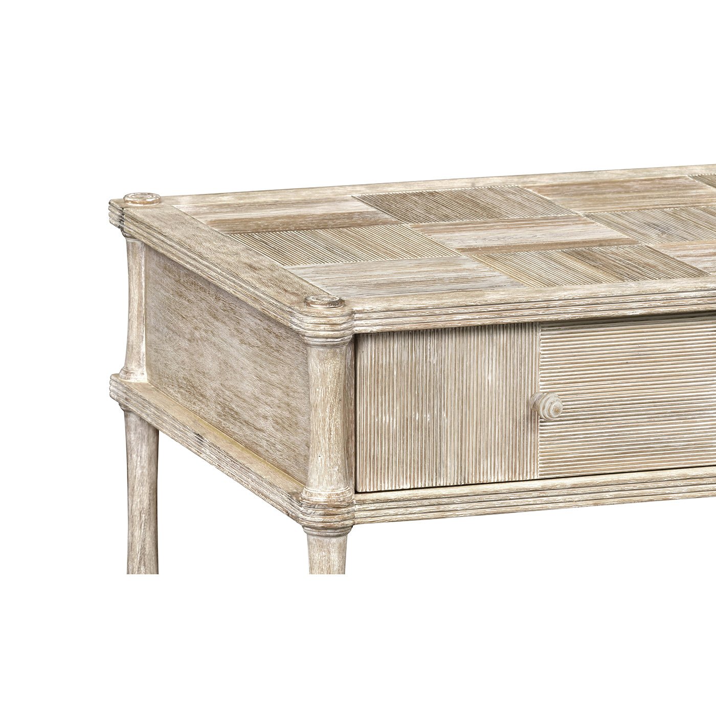 Close-up of rustic washed nightstand's top and details.