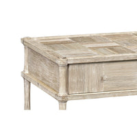 Close-up of rustic washed nightstand's top and details.