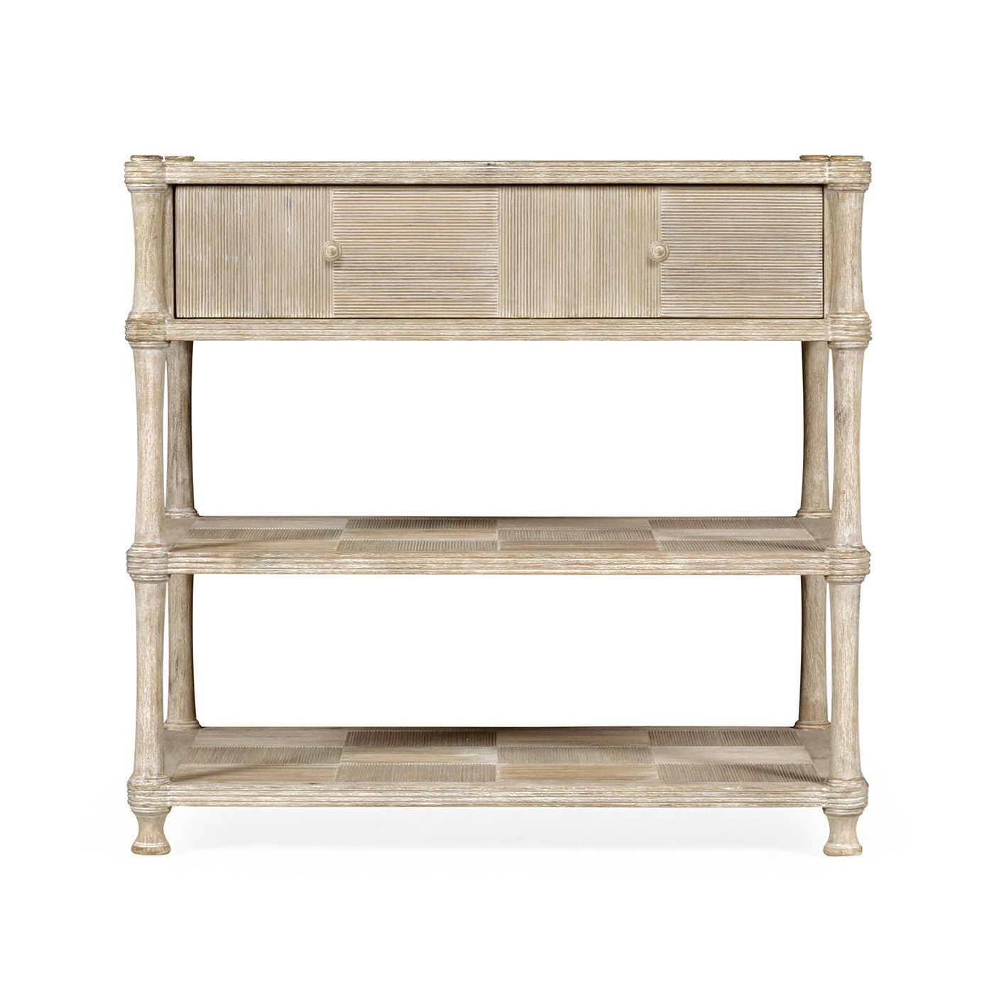 Front view of rustic washed nightstand with shelves.