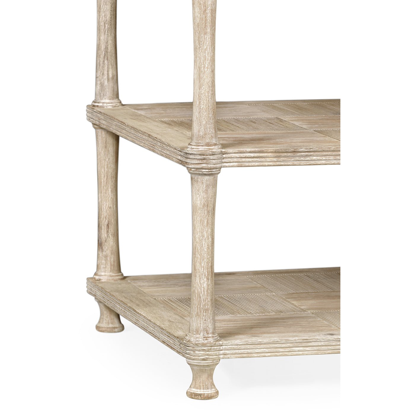 Close-up of rustic washed nightstand's shelves and legs.