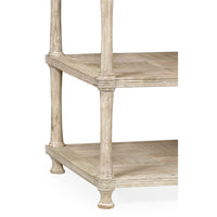 Close-up of rustic washed nightstand's shelves and legs.