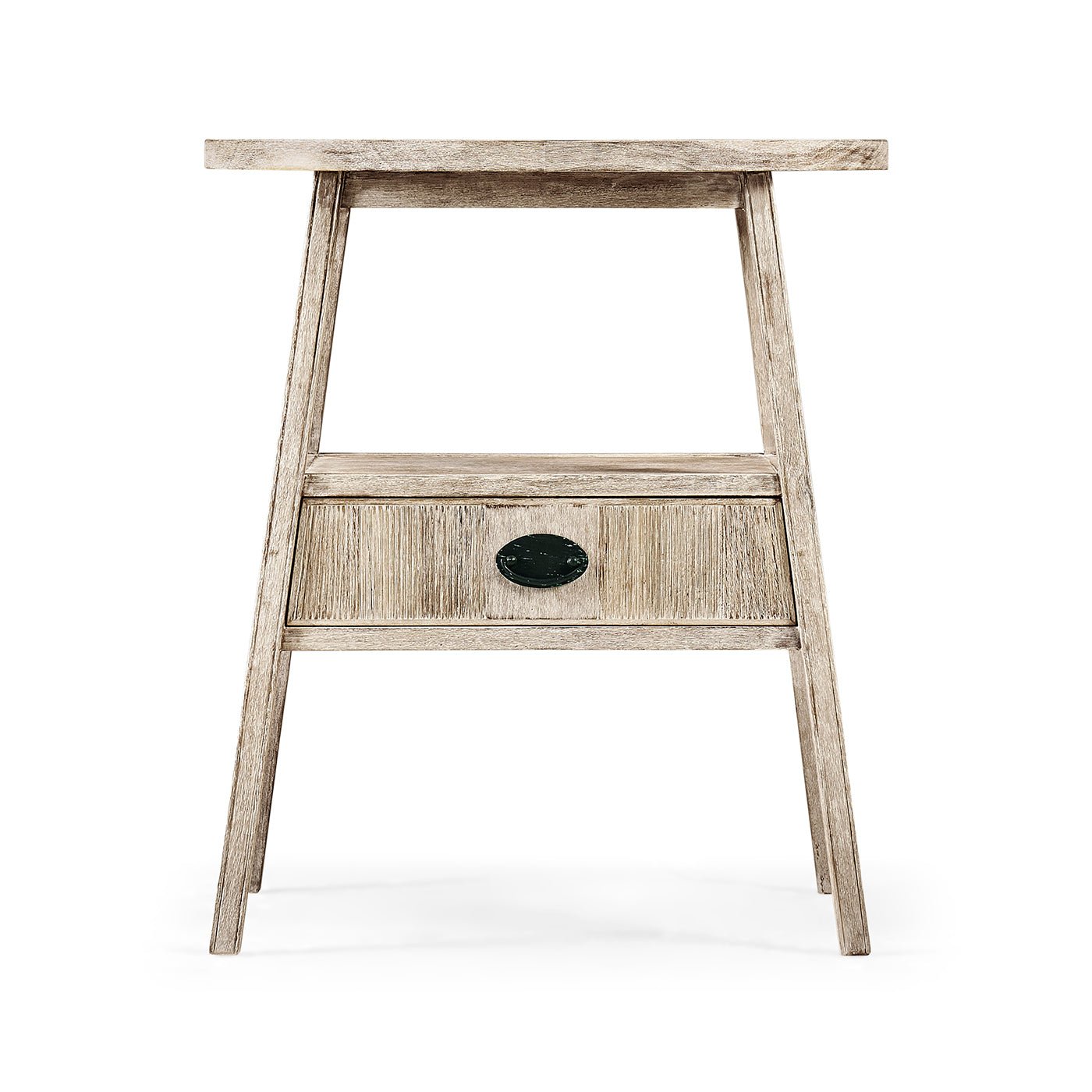 Front view of rustic washed oval end table.