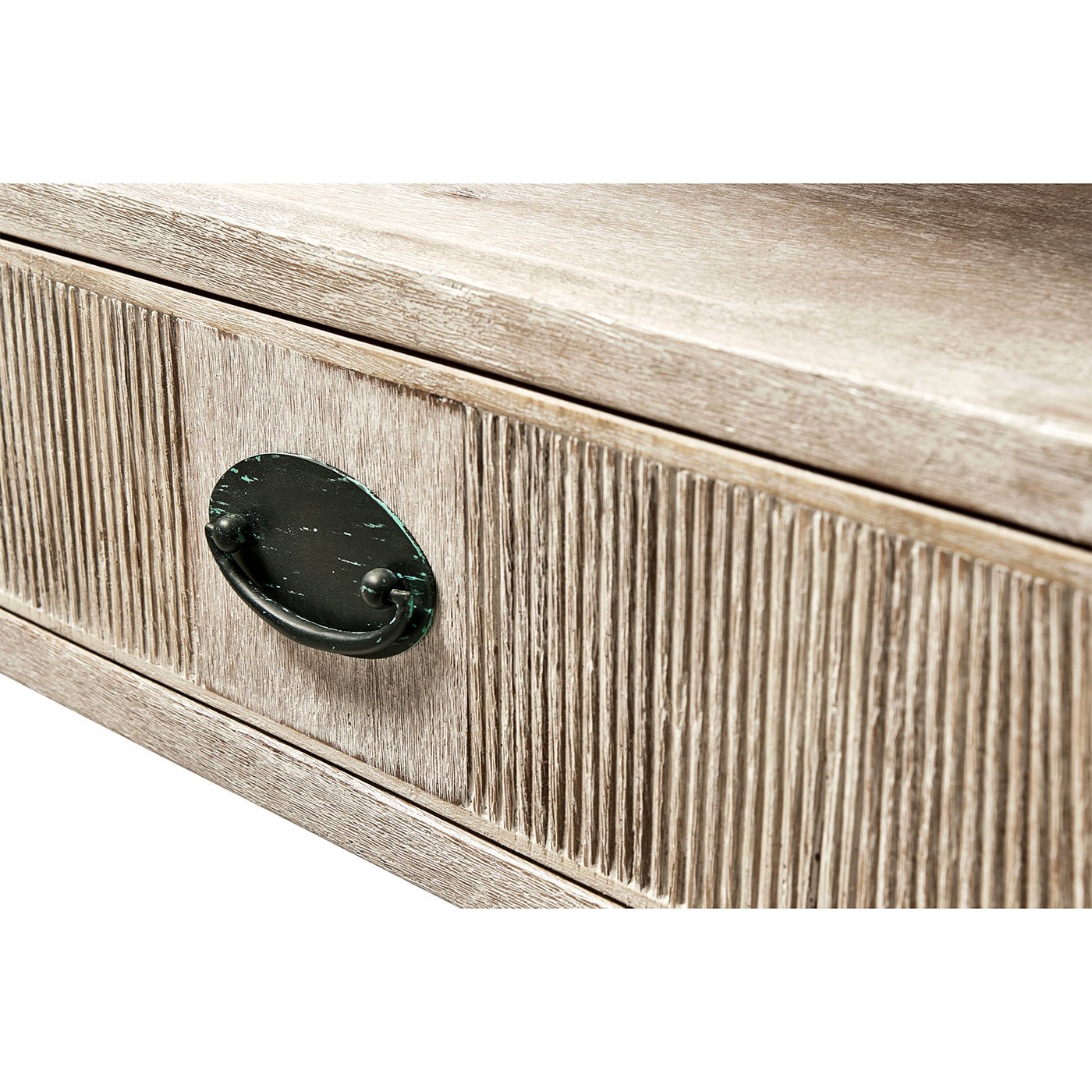 Drawer handle detail on rustic washed oval end table.